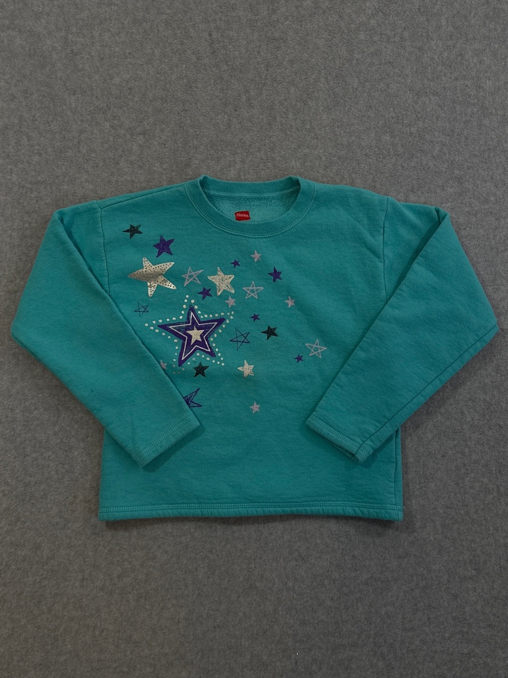 Vintage 2000’s Y2K Kids Hanes Teal Star Crewneck Sweatshirt Size 7/8